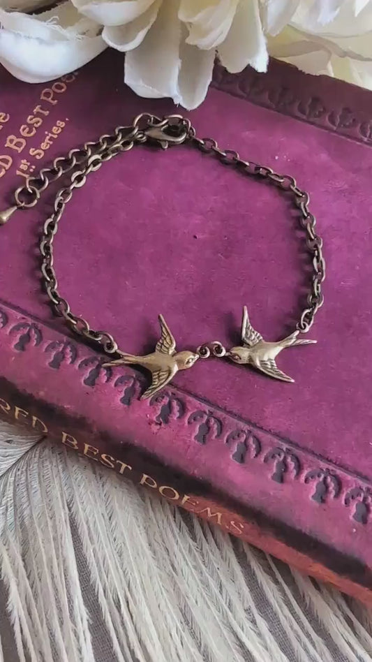 Dainty Swallow Bracelet: Antiqued Brass Bird Charm, Minimalist Jewelry