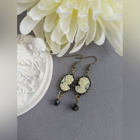 Black Cameo Earrings: Gothic Victorian Style with Black Beads