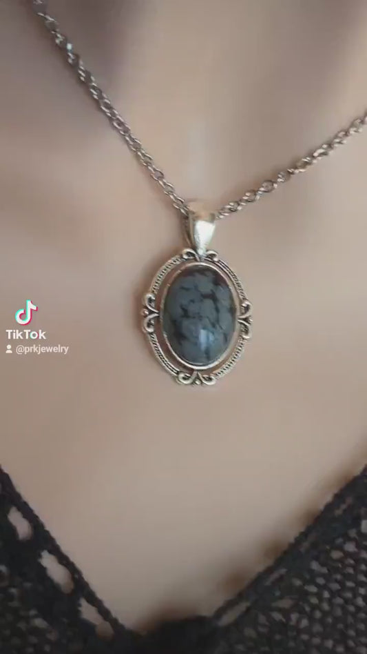 Snowflake Obsidian Necklace | Gothic Silver Pendant, Handmade Jewelry
