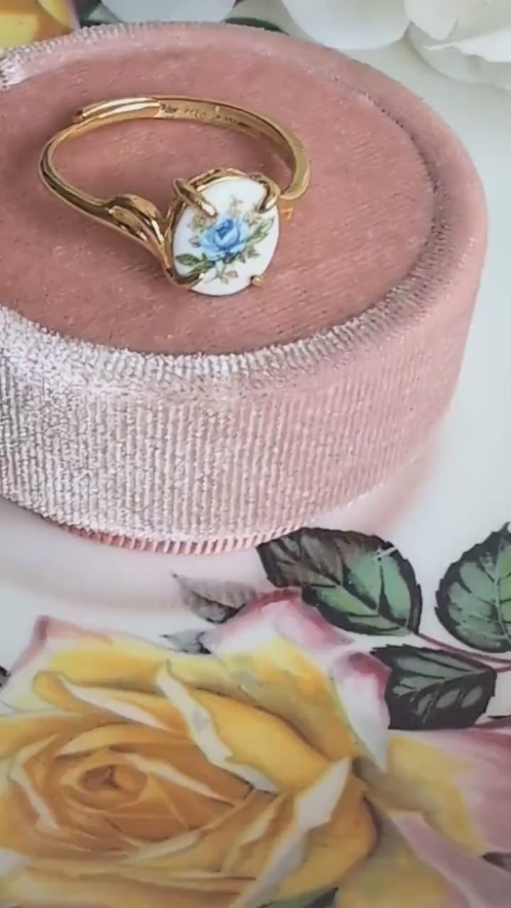 Gold Vermeil Blue Rose Ring - 925 Sterling Silver - Victorian Floral Jewelry