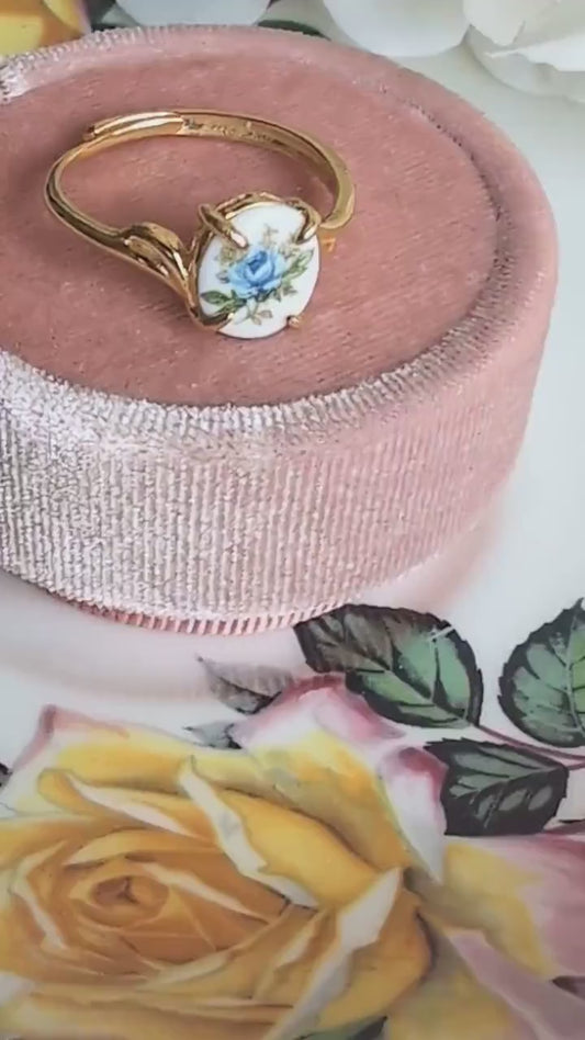 Blue Rose Ring, Adjustable Gold Vermeil Sterling Silver Limoges Jewelry