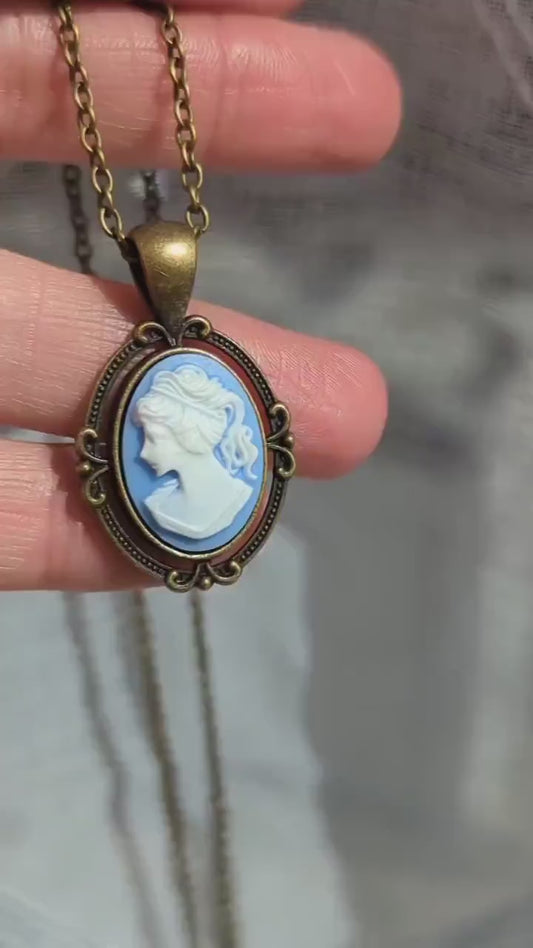 Blue Cameo Necklace, Victorian Style Goddess Jewelry Gift for Her