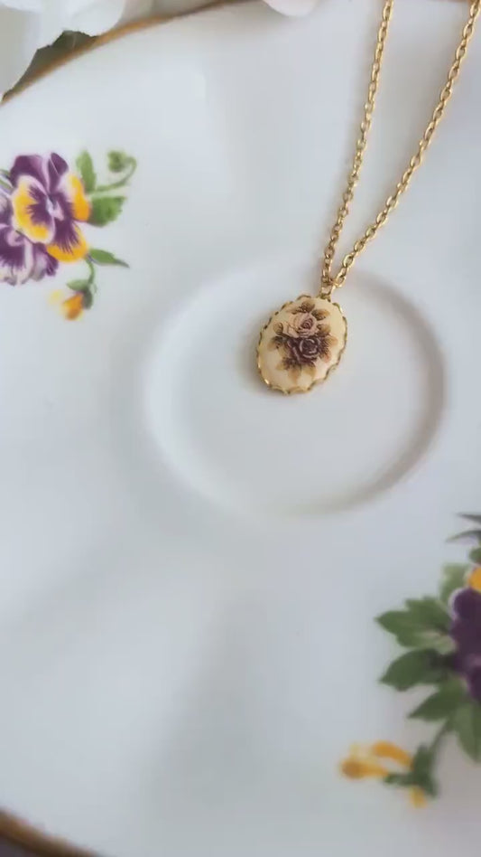 Vintage Rose Necklace, Pink and Gold Cameo Pendant, Floral Jewelry