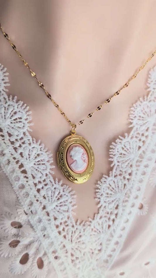 Oval Cameo Locket Necklace: Golden Vintage Style Keepsake