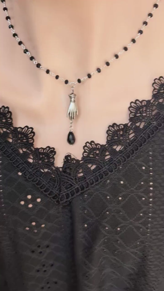 Victorian Hand Necklace, Gothic Rosary Bead Jewelry for Her