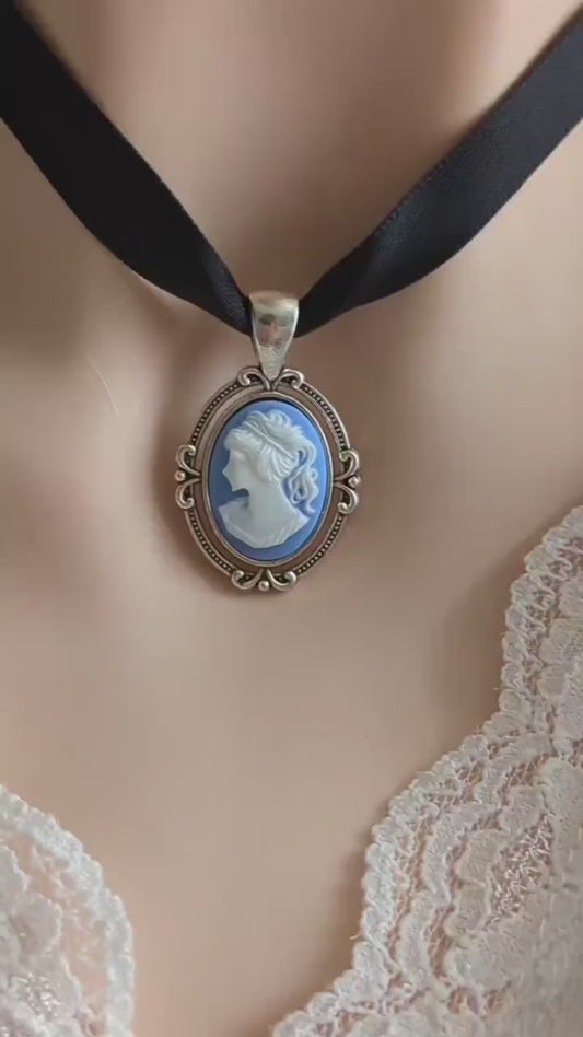 Blue Cameo Choker: Victorian Gothic Black Ribbon Necklace
