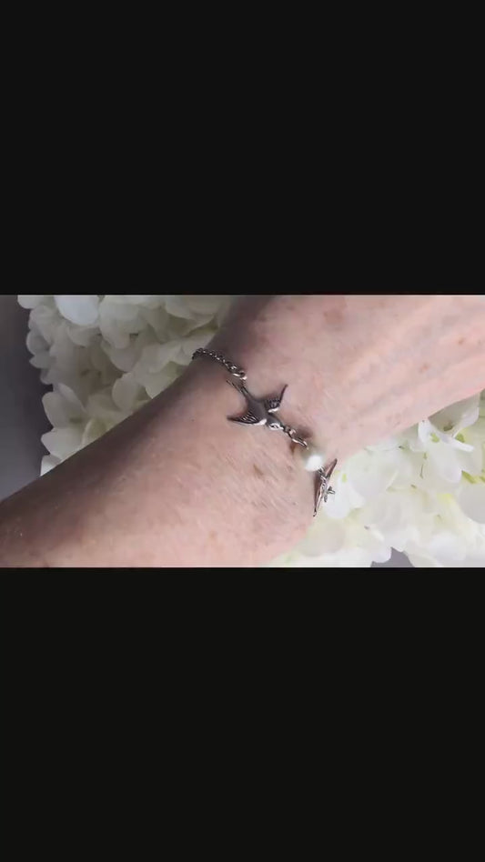 Silver Swallow Bracelet: Glass Pearl Bird Jewelry with Toggle Clasp