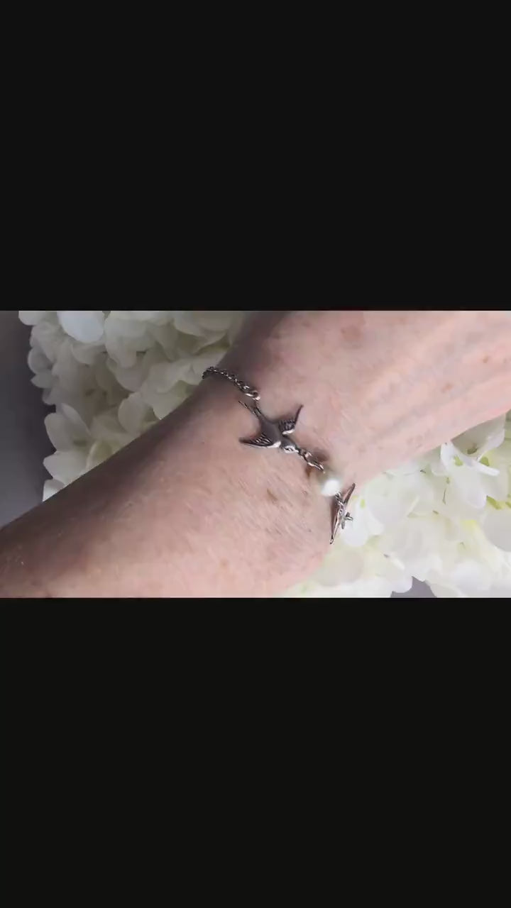 Silver Swallow Bracelet: Glass Pearl Bird Jewelry with Toggle Clasp