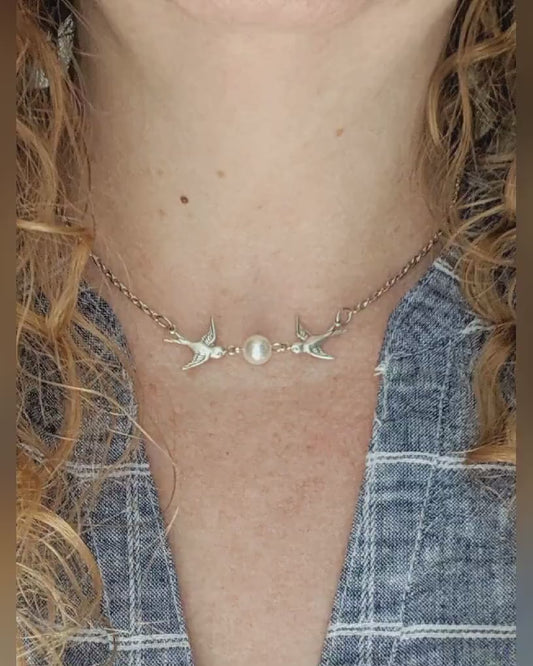 Silver Swallow Necklace with Pearl: Bride Wedding Choker, Vintage Bridal Jewelry