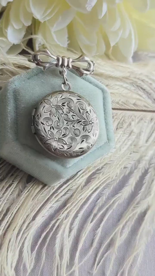 Silver Locket Brooch | Round Embossed Floral Bridal Memory Pin