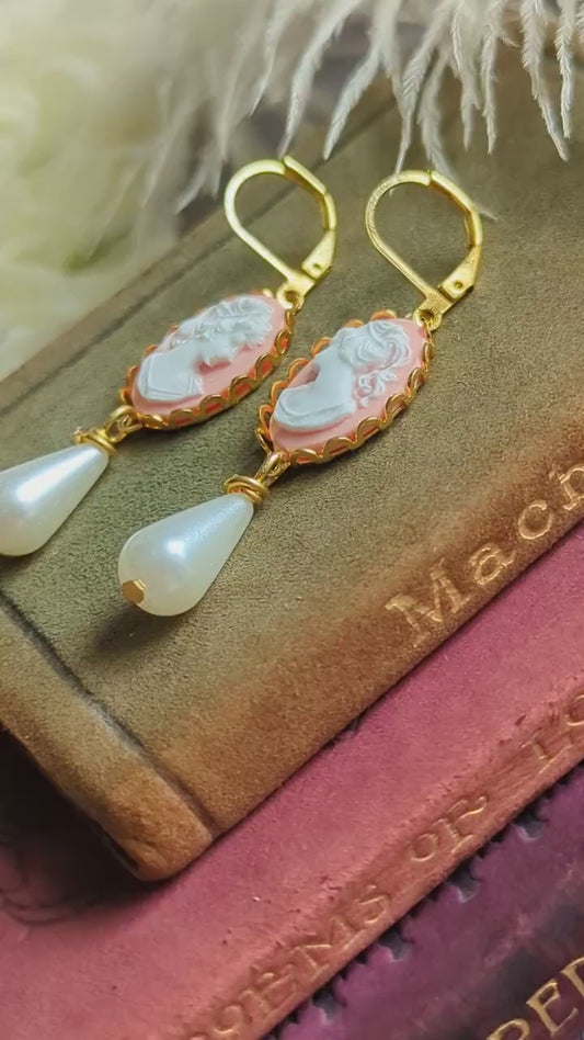 Handmade Pink Cameo Pearl Earrings | Victorian Romantic Jewelry