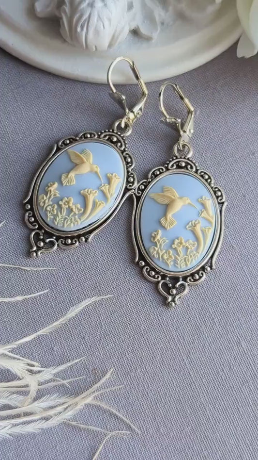 Blue Hummingbird Cameo Earrings: Vintage Style Romantic Jewelry