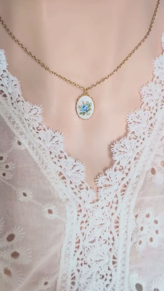 Blue Rose Necklace, Vintage Floral Pendant, Historical Costume Jewelry