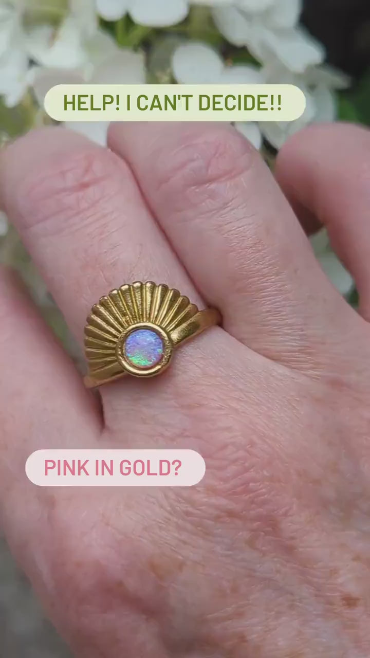 Art Deco Fan Ring with Iridescent Blue Opal - Gold Finish
