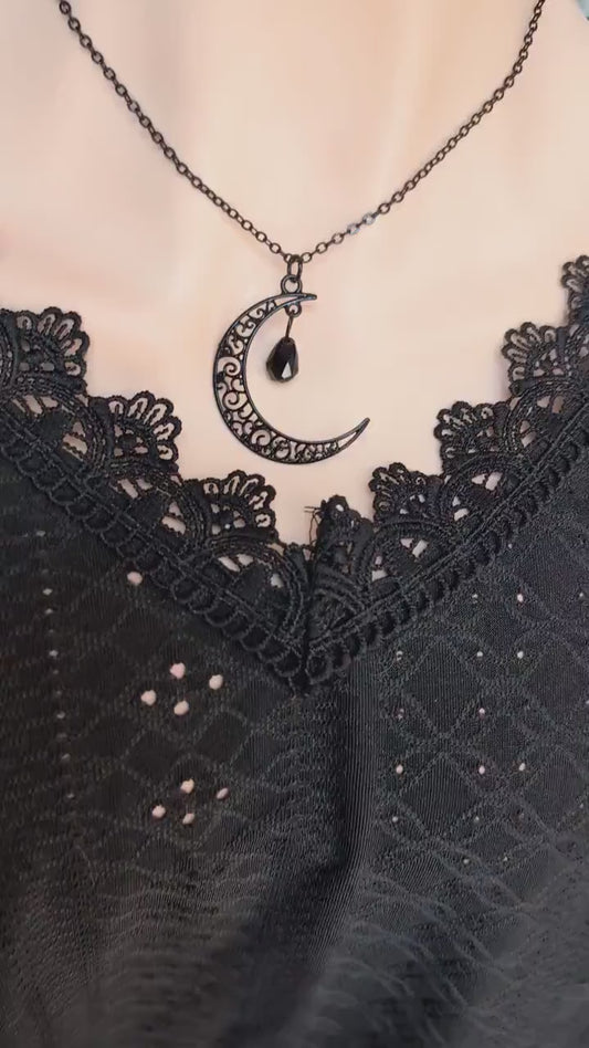 Black Crescent Moon Necklace: Gothic Crystal Celestial Pendant