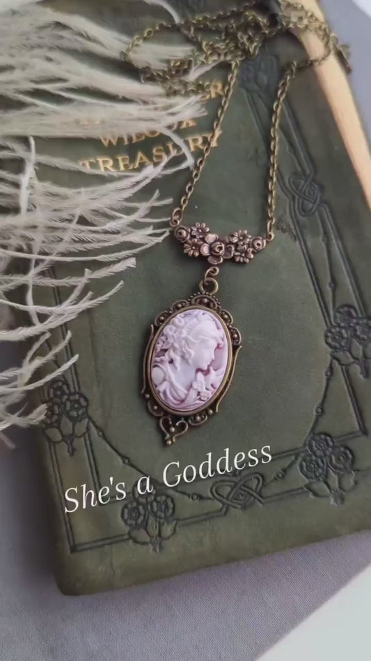 Victorian Goddess Cameo Necklace, Antique Brass Pendant, Wedding Jewelry