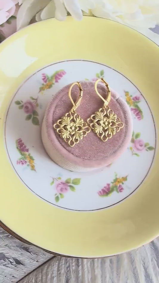 Golden Brass Floral Filigree Earrings: Vintage Inspired Jewelry