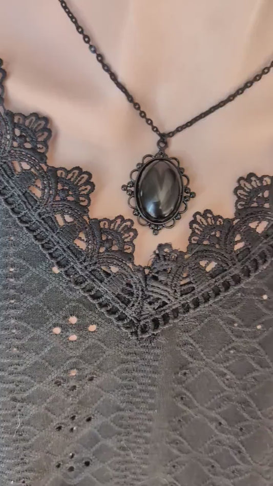 Oval Obsidian Necklace, Gothic Lacy Pendant, Handmade Jewelry