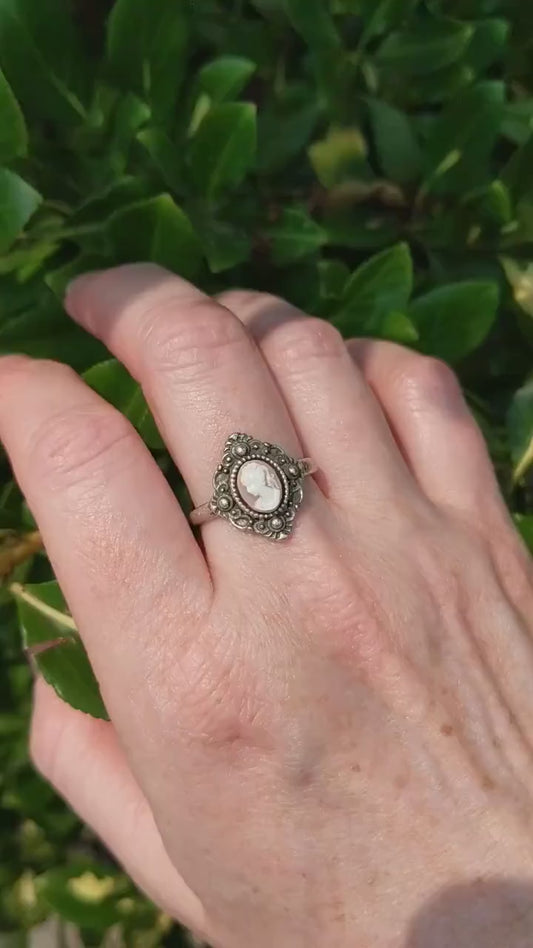 Antiqued Silver Goddess Cameo Ring - Shield Style Setting with white on peach cameo.