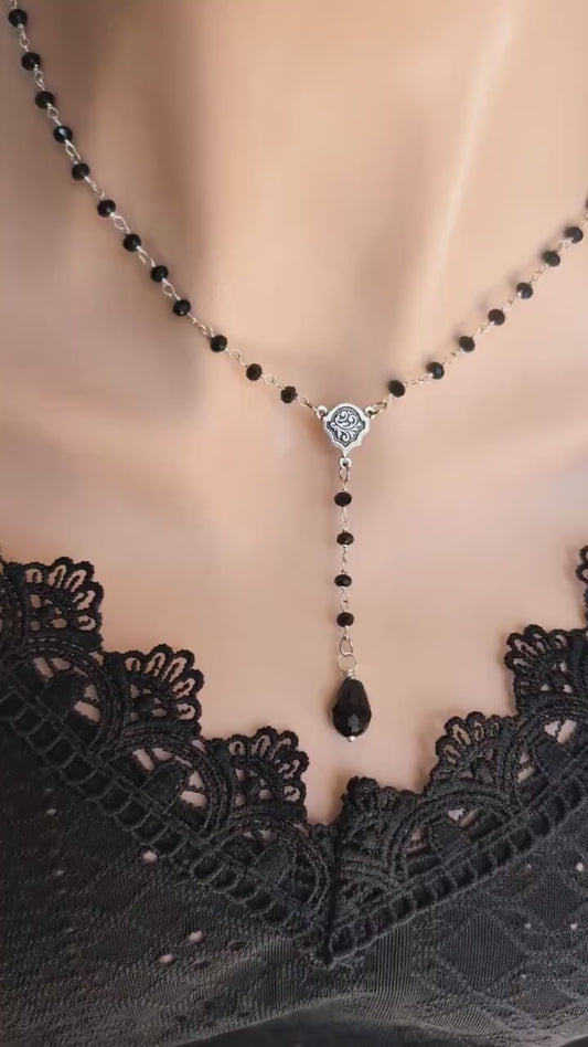Black Beaded Y Necklace: Gothic Rosary Choker, Vintage Style