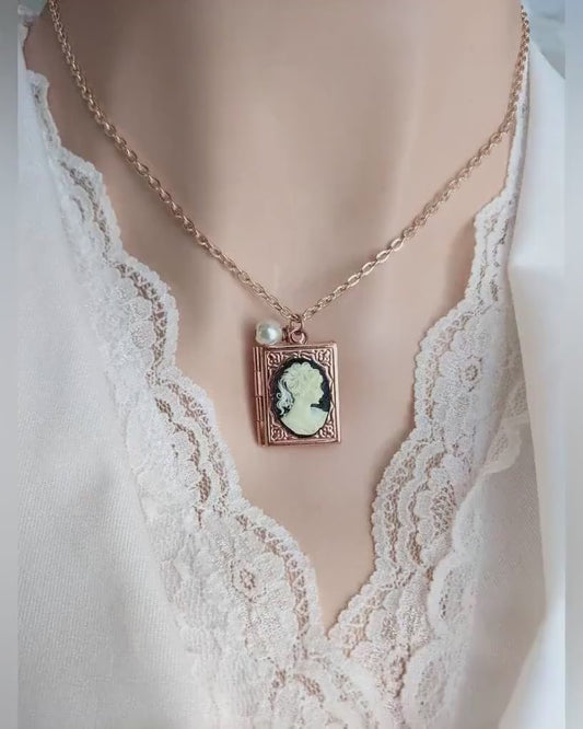 Rose Gold Book Locket Necklace: Cameo & Pearl, Book Lover Gift