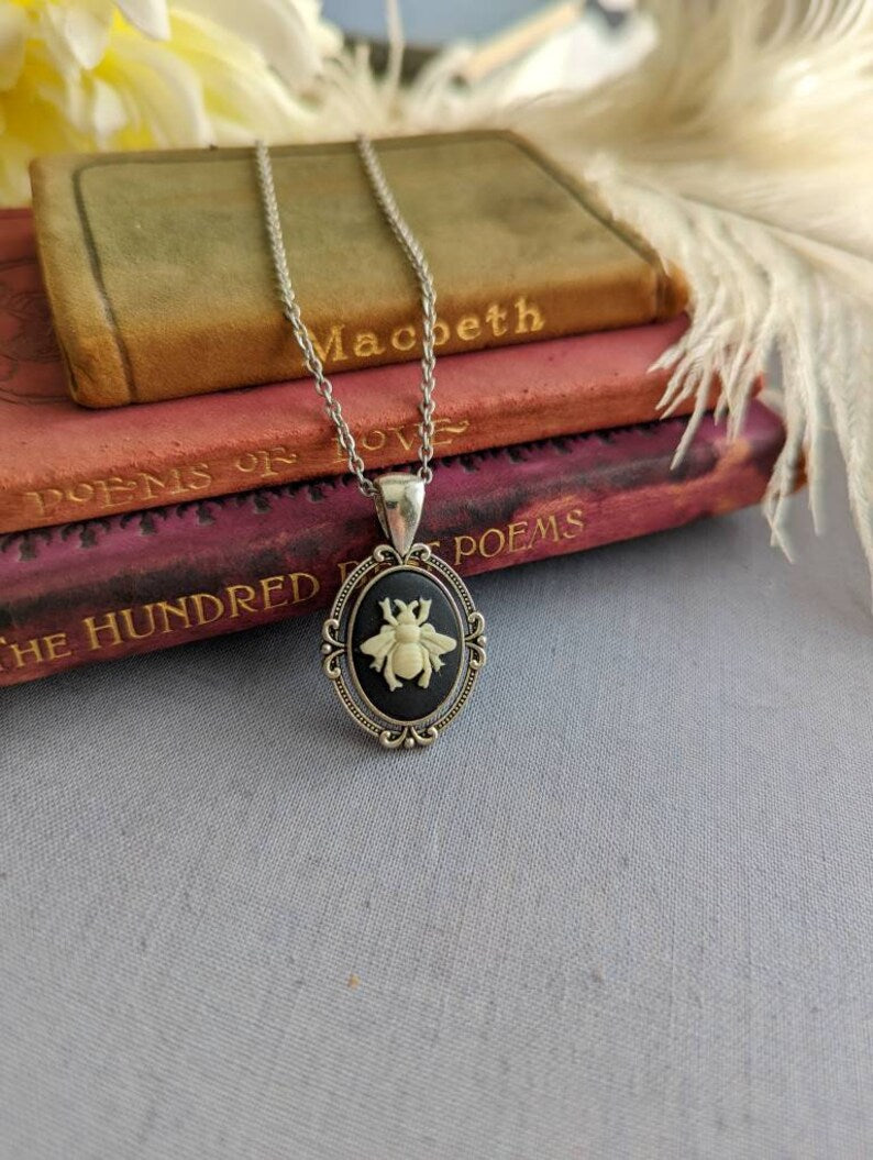 Goth Bee Cameo Necklace, Silver Victorian Honeybee Pendant, Forestcore Nature Jewelry, Dark Romantic Gift
