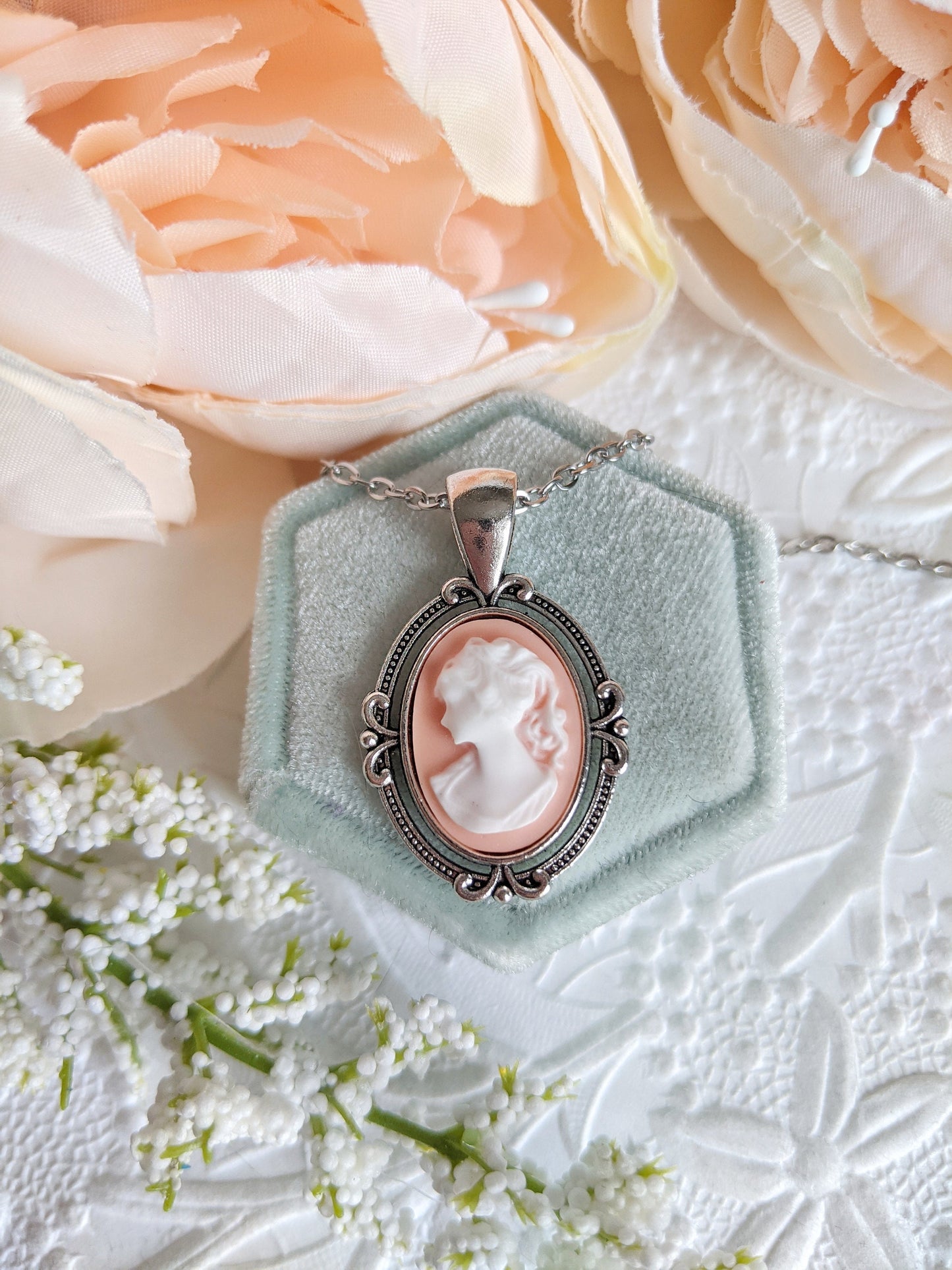 Blue Cameo Necklace: Victorian Style Silver Pendant, Bridal Jewelry