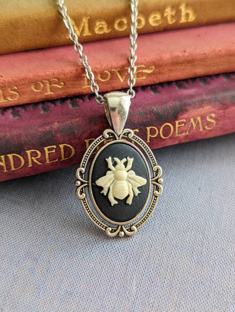 Goth Bee Cameo Necklace, Silver Victorian Honeybee Pendant, Forestcore Nature Jewelry, Dark Romantic Gift