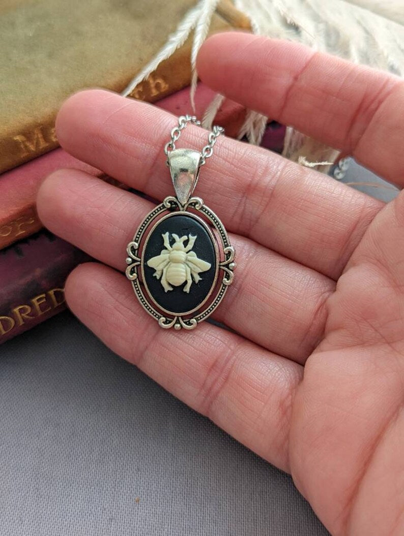 Goth Bee Cameo Necklace, Silver Victorian Honeybee Pendant, Forestcore Nature Jewelry, Dark Romantic Gift