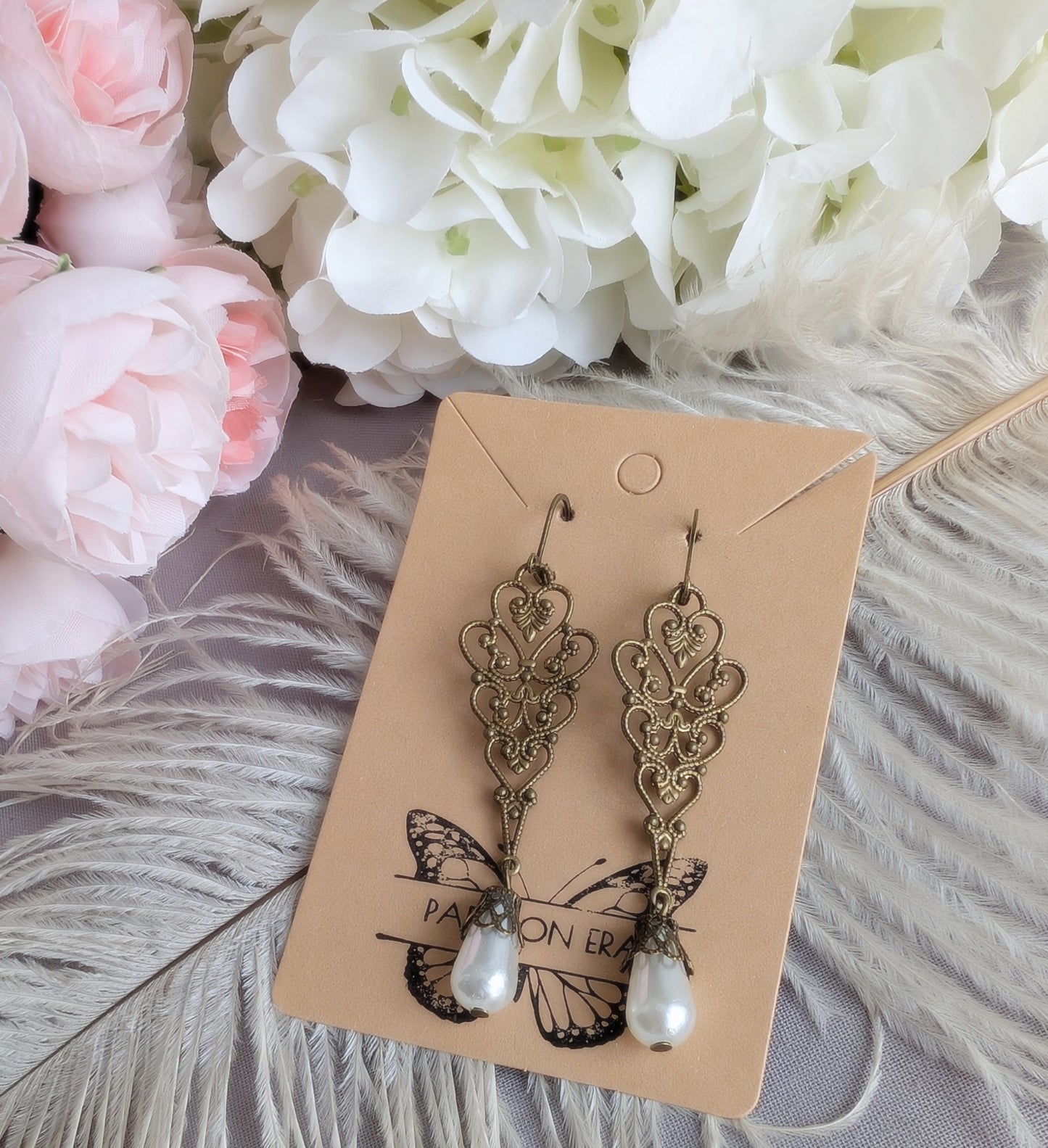 Victorian Pearl Drop Earrings, Bronze Filigree, Romantic Vintage Jewelry
