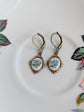 Blue Floral Porcelain Cabochon Earrings - Art Deco Frame - Victorian Style