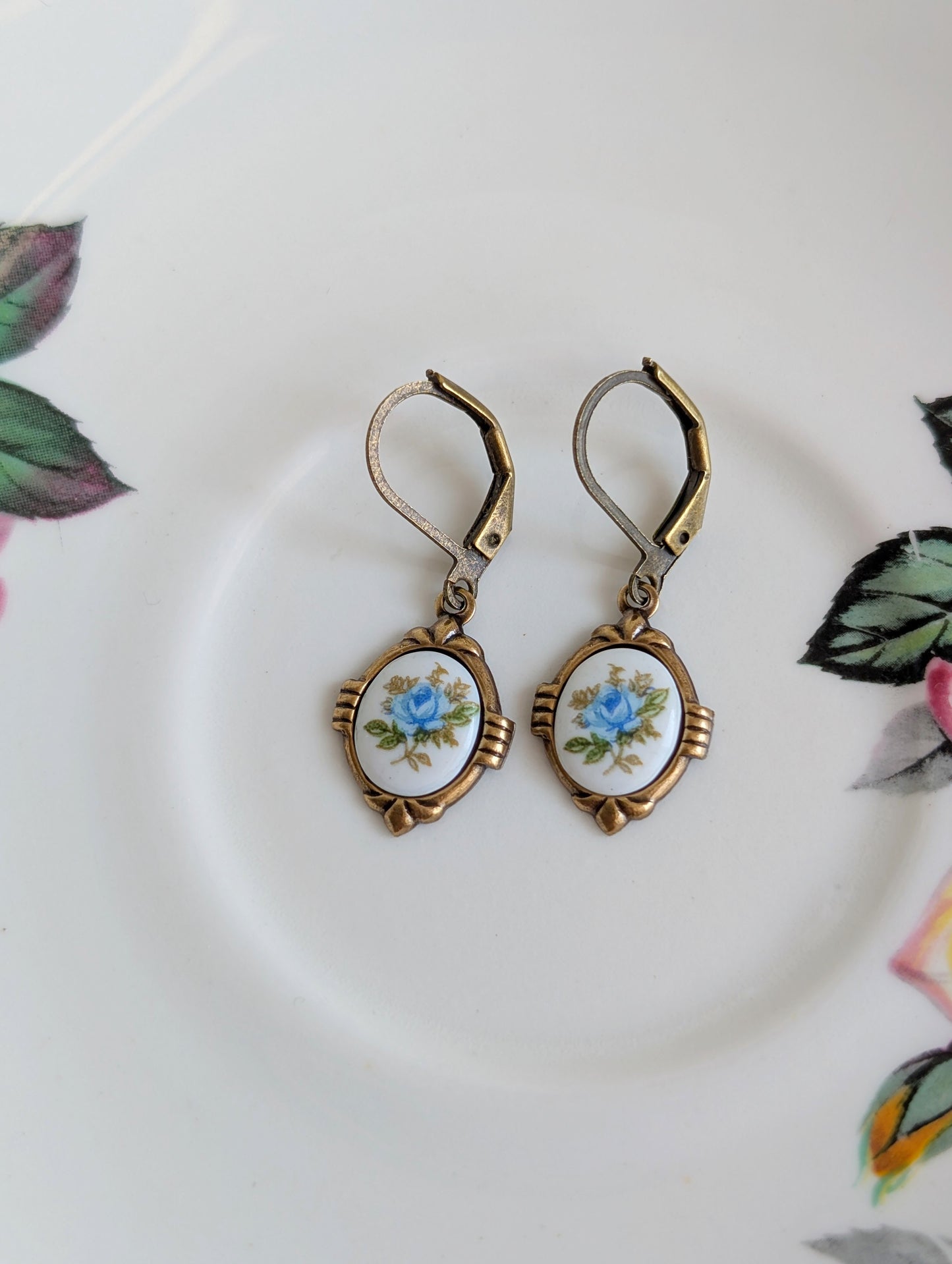 Blue Floral Porcelain Cabochon Earrings - Art Deco Frame - Victorian Style
