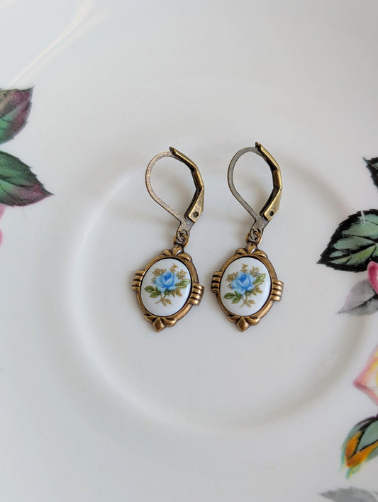 Blue Floral Porcelain Cabochon Earrings - Art Deco Frame - Victorian Style