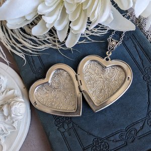 Valentines Day Gift, Silver Heart Locket Necklace, Antique Silver Necklace, Etched Floral Locket, Memory Necklace, Photo Locket