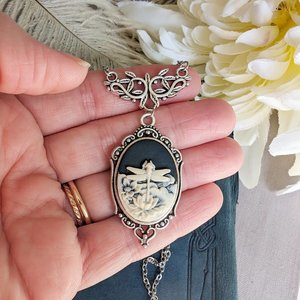 Dragonfly Cameo Necklace, Victorian Jewelry