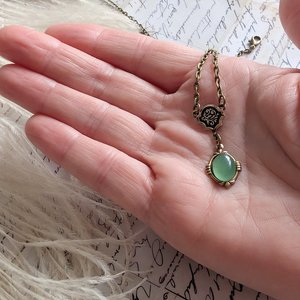 Aventurine Necklace in Antiqued Brass, Historical Costume Jewelry, Green Stone Pendant
