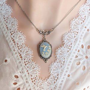 Black Hummingbird Cameo Necklace, Unique Bird Pendant Gift