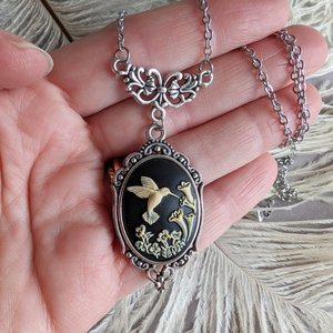 Black Hummingbird Cameo Necklace, Unique Bird Pendant Gift