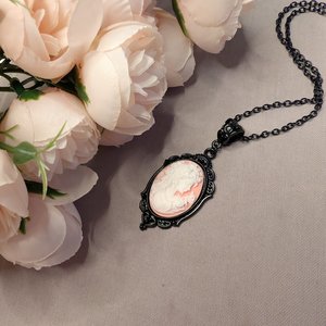 Pastel Goth Cameo Necklace, Pink Vintage Portrait in Black Pendant, Gift for Girlfriend