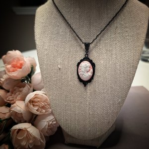Pastel Goth Cameo Necklace, Pink Vintage Portrait in Black Pendant, Gift for Girlfriend