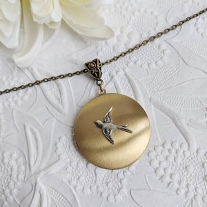 Round Locket Necklace with Swallow, Keepsake Jewelry