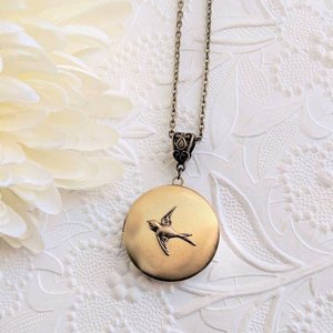 Round Locket Necklace with Swallow, Keepsake Jewelry