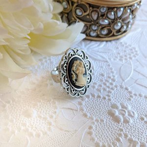 Black Cameo Statement Ring, Adjustable Size, Victorian Jewelry