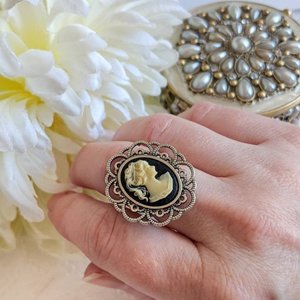 Black Cameo Statement Ring, Adjustable Size, Victorian Jewelry