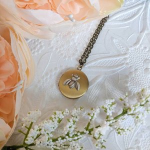 Tiny Bee Locket Necklace, Antiqued Gold Locket, Round Locket Necklace, Bee Jewelry, Minimalist Keepsake Gift, Daughter Grad Gift