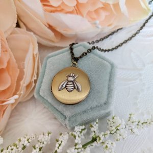 Tiny Bee Locket Necklace, Antiqued Gold Locket, Round Locket Necklace, Bee Jewelry, Minimalist Keepsake Gift, Daughter Grad Gift