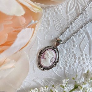 Purple Cameo Necklace, Oval Victorian Pendant, Vintage Style Jewelry Gift 