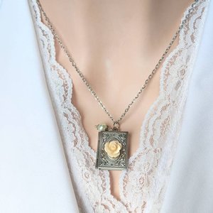 Silver Book Locket Necklace with Flower, Book Club Gifts for Book Lovers, Librarian Gift Idea