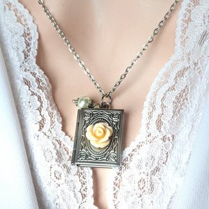Silver Book Locket Necklace with Flower, Book Club Gifts for Book Lovers, Librarian Gift Idea