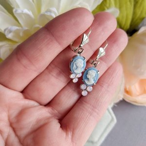 Blue Cameo Earrings, Rosewater Opal Earrings, Victorian Cameo Jewelry, Antique Replica, October Birthday Jewelry, Shabby Chic